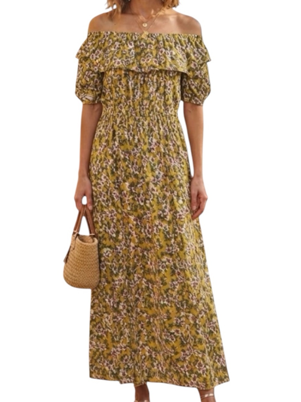 Mustard Yellow Off Shoulder Floral Maxi Dress Boho Summer Beach Vacation S Small